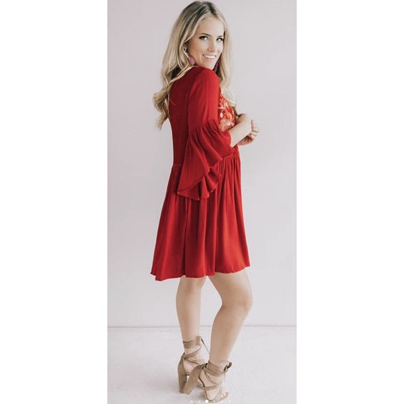 Umgee Women Velvet Shift Mini Dress Red Small Size Embroidered Party Christmas - Picture 4 of 11
